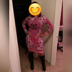 Pink and black high neck fitted mini dress.